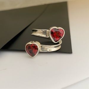 Solid 925 Sterling Silver  Doble Red CZ  Adjustable Ring Anillo Ajustable  Plata